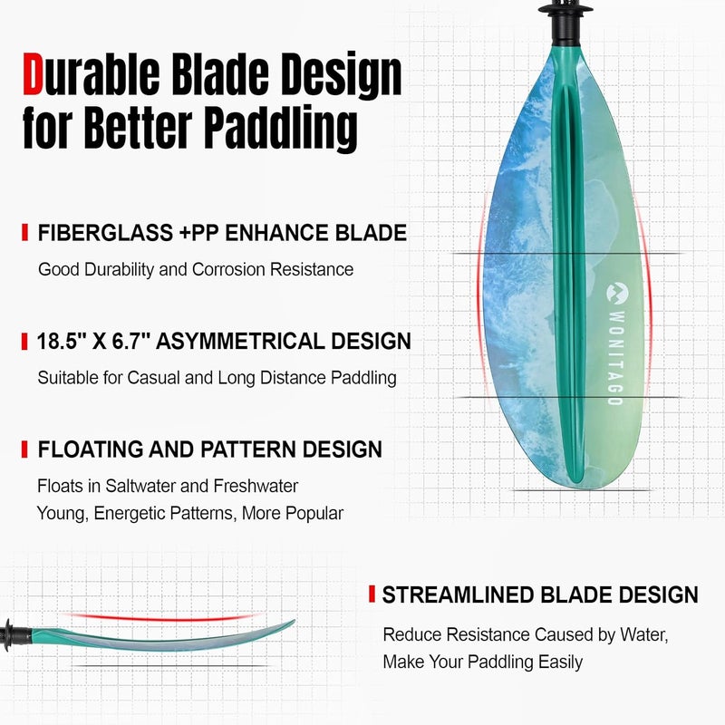 WONITAGO Kayak Paddles with Fiberglass Shaft and Reinforced PP Blade, Floating Adjustable Kayaking Oars, 3 Piece, 220-240 cm/86-94 Inches, 240-260 cm/94-102 Inches - Image 2